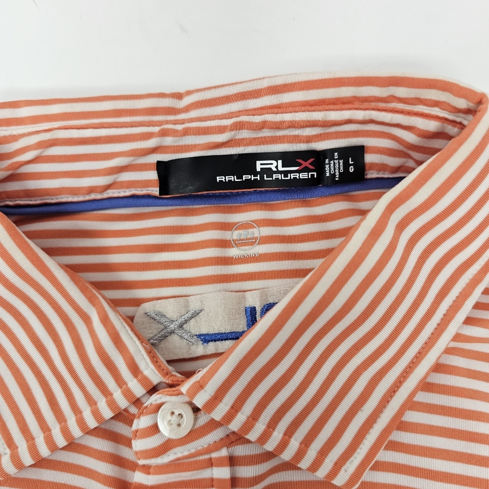 RLX Orange White Striped Polo Men's Size Large Stretch Club Logo On Chest. RLX - Picture 7 of 9